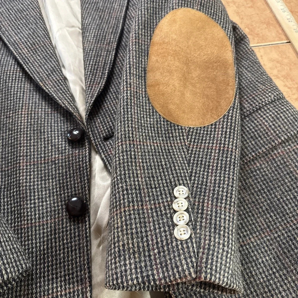 Evan Picone 40R Brown Multi Color Wool  Tweed Herringbone Jacket ELBOW PATCHES
